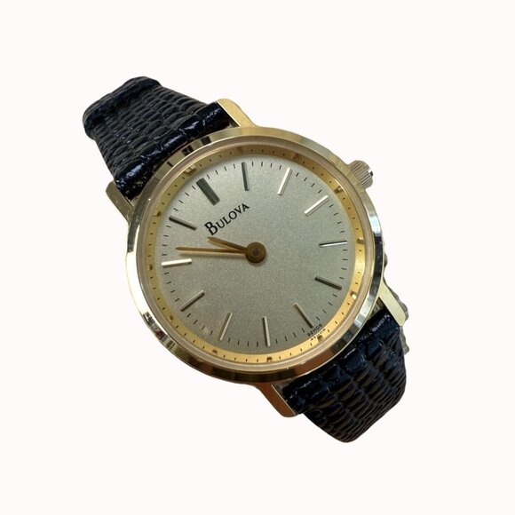 Bulova Gold-Tone Black Leather Analog Ladies Watch NOT TESTED - Picture 1 of 9